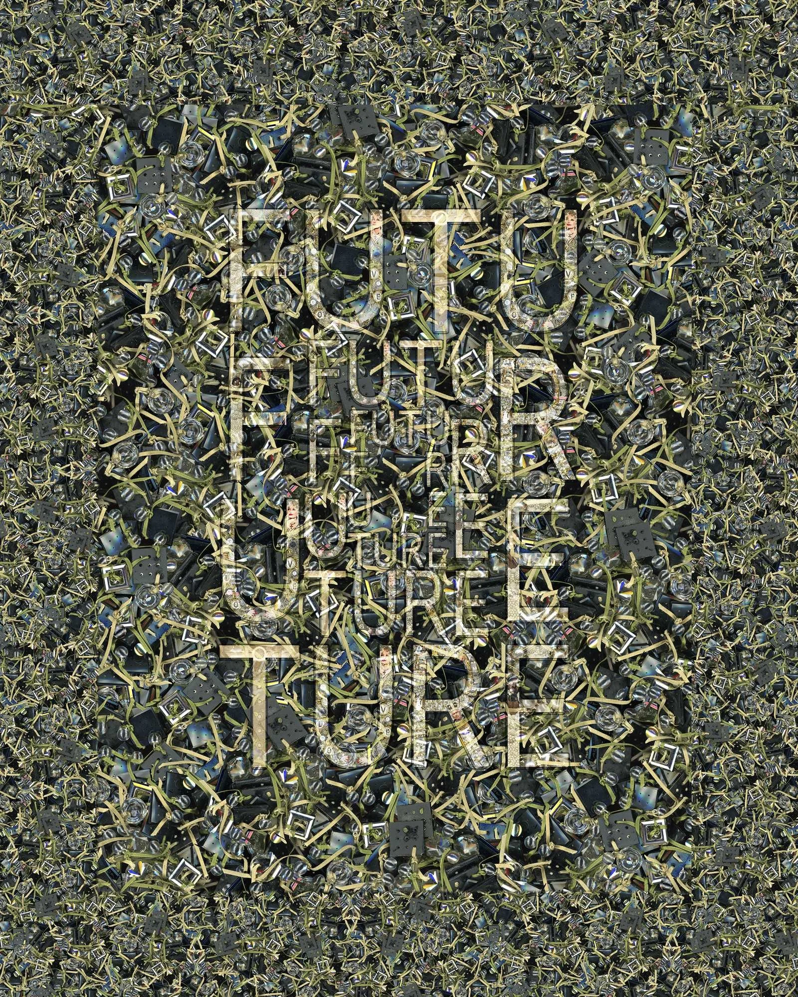 A large pile of discarded electronic components, including circuit boards, screws, and circuit part pieces, scattered across the surface with a semi-transparent text overlay