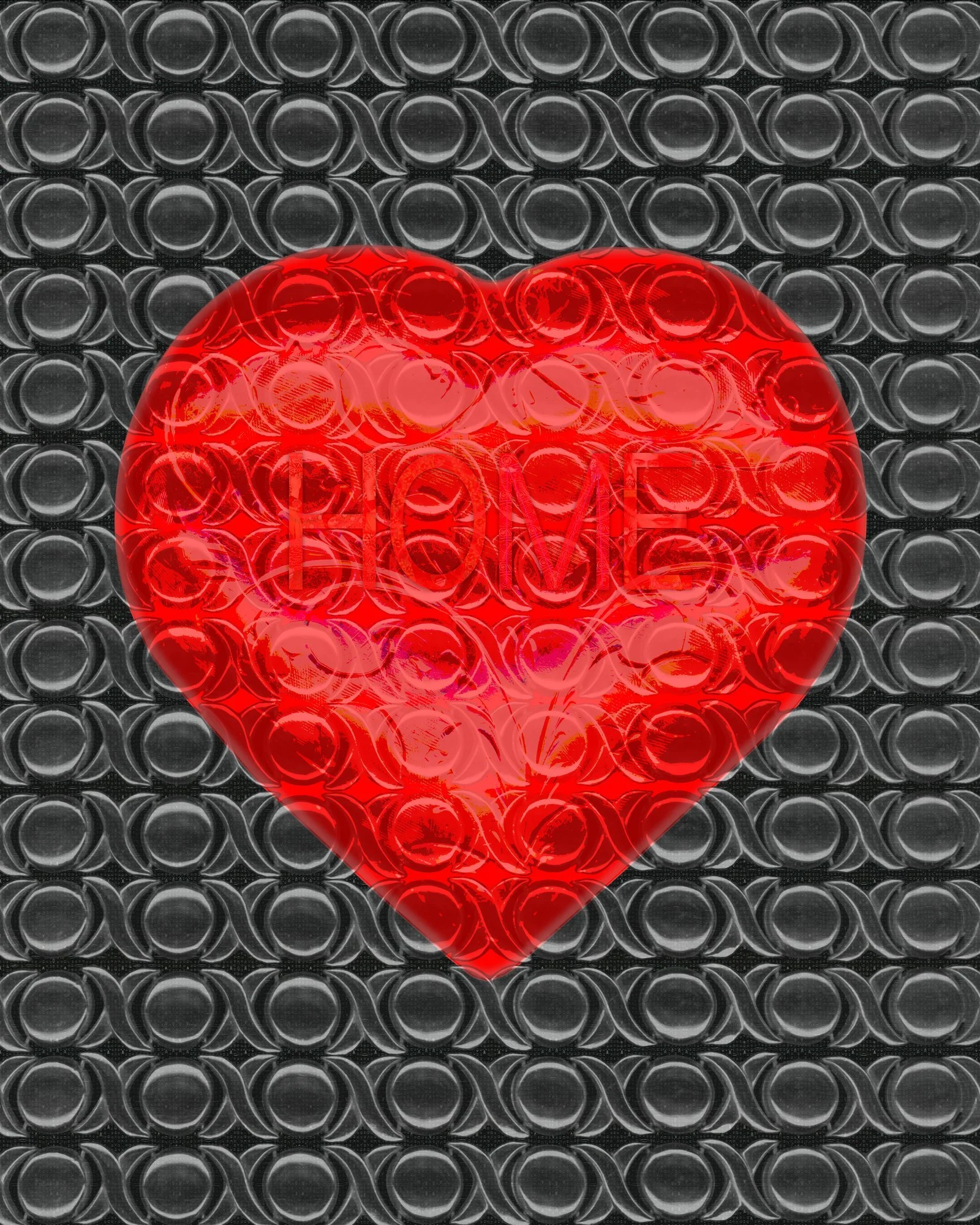 A red heart-shaped bubble wrap with the word 'LOVE' written across it, placed on top of a background of black bubble wrap.