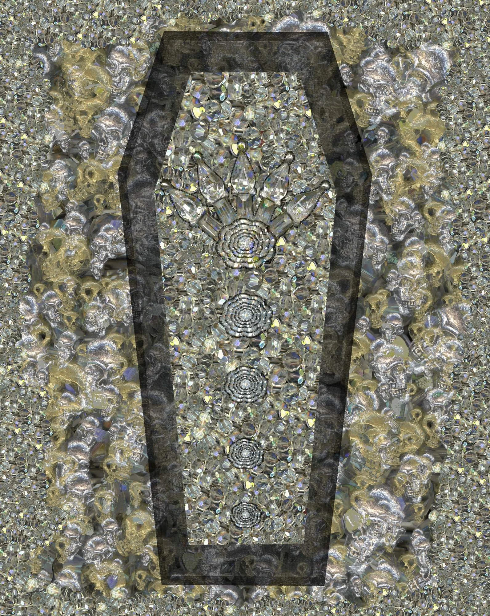 A decorative surface embedded with numerous small, shiny, iridescent crystals, skull shapes, and large skull embellishments surrounded by reflective metallic elements, with a vertical dark rectangular overlay featuring a stylized crown design and concentric circles.
