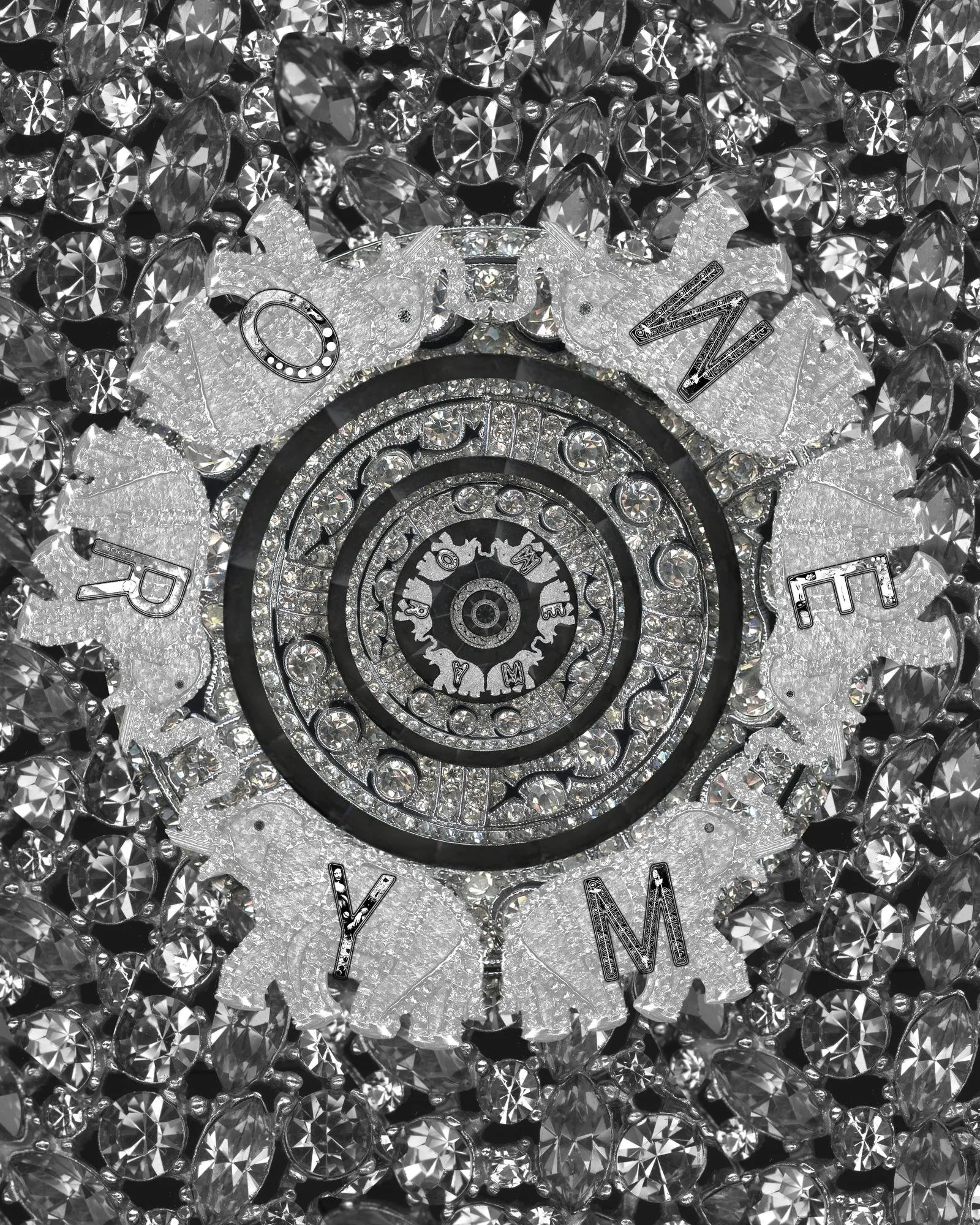 Close-up of a rhinestone and crystal decorative clock face with Roman numerals, emphasizing intricate details and sparkling gemstones.