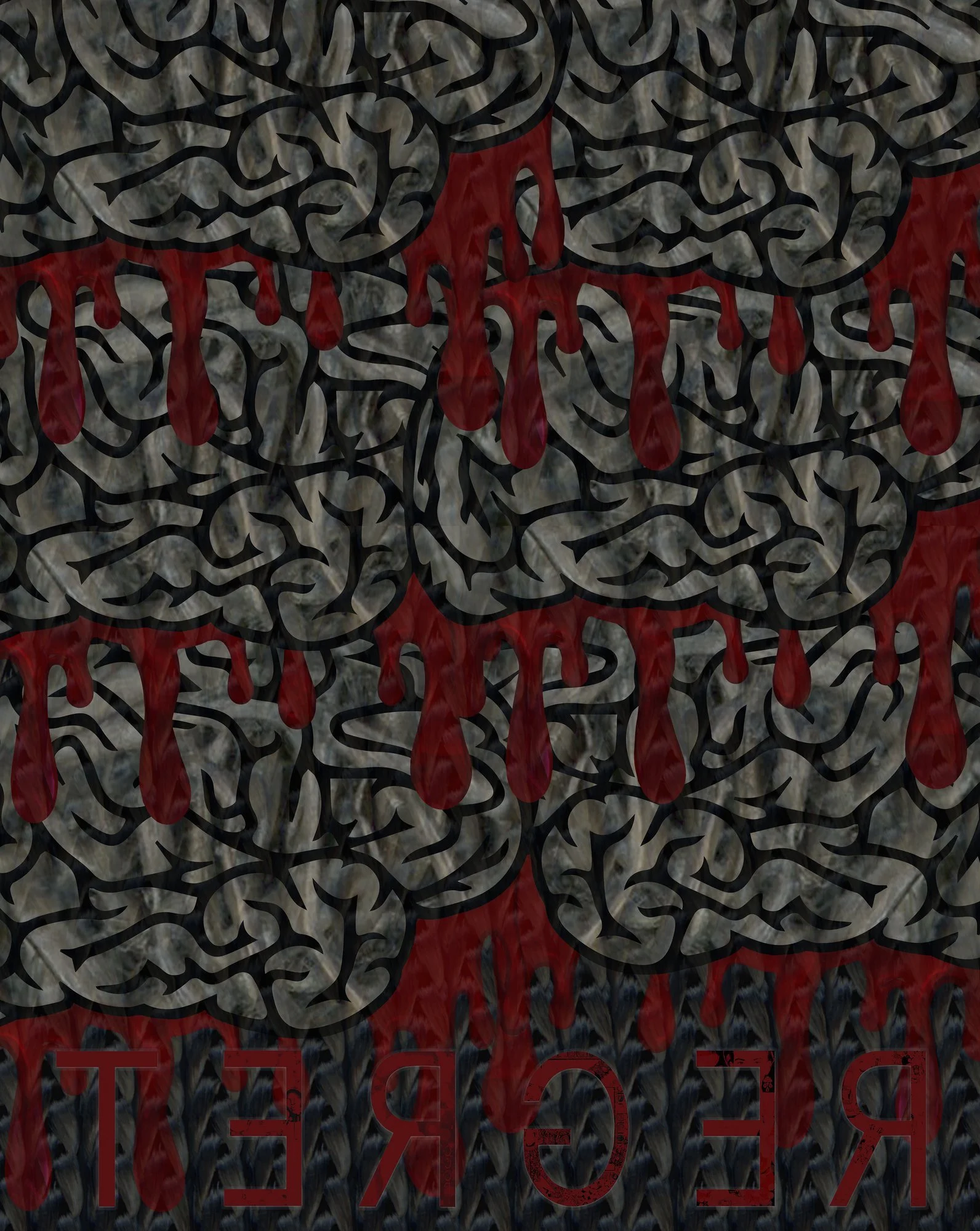 Close-up of a textured surface with black intertwined lines, red paint drips, and partially visible red uppercase letters that spell out 'TEXAS' at the bottom.