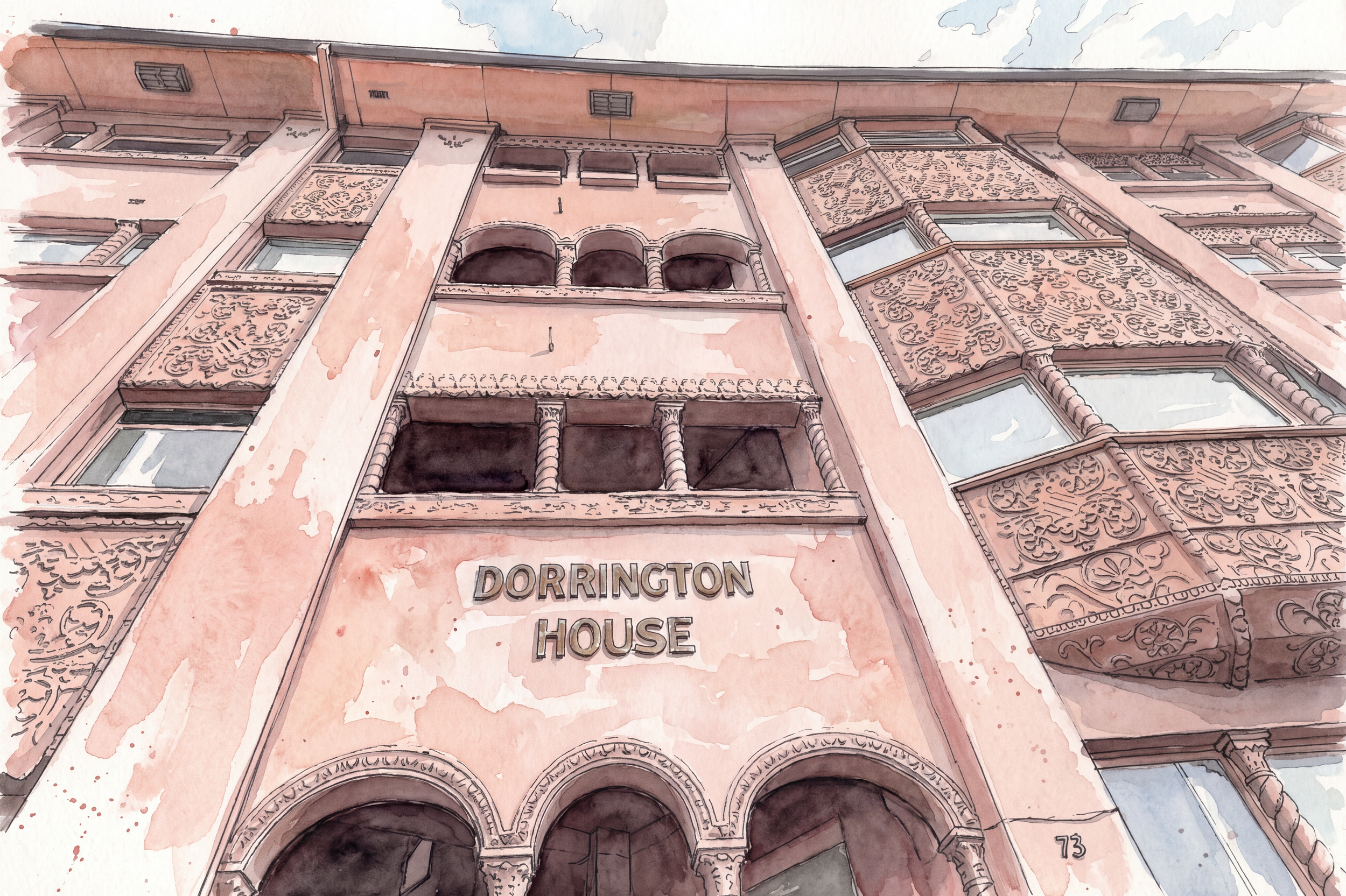 Watercolor illustration of the ornate Dorrington House, South Yarra, facade with arched windows, decorative carvings. Illustration by Virginia Blue, author of Architect of Optimism: the Extraordinary Life of Howard Lawson.