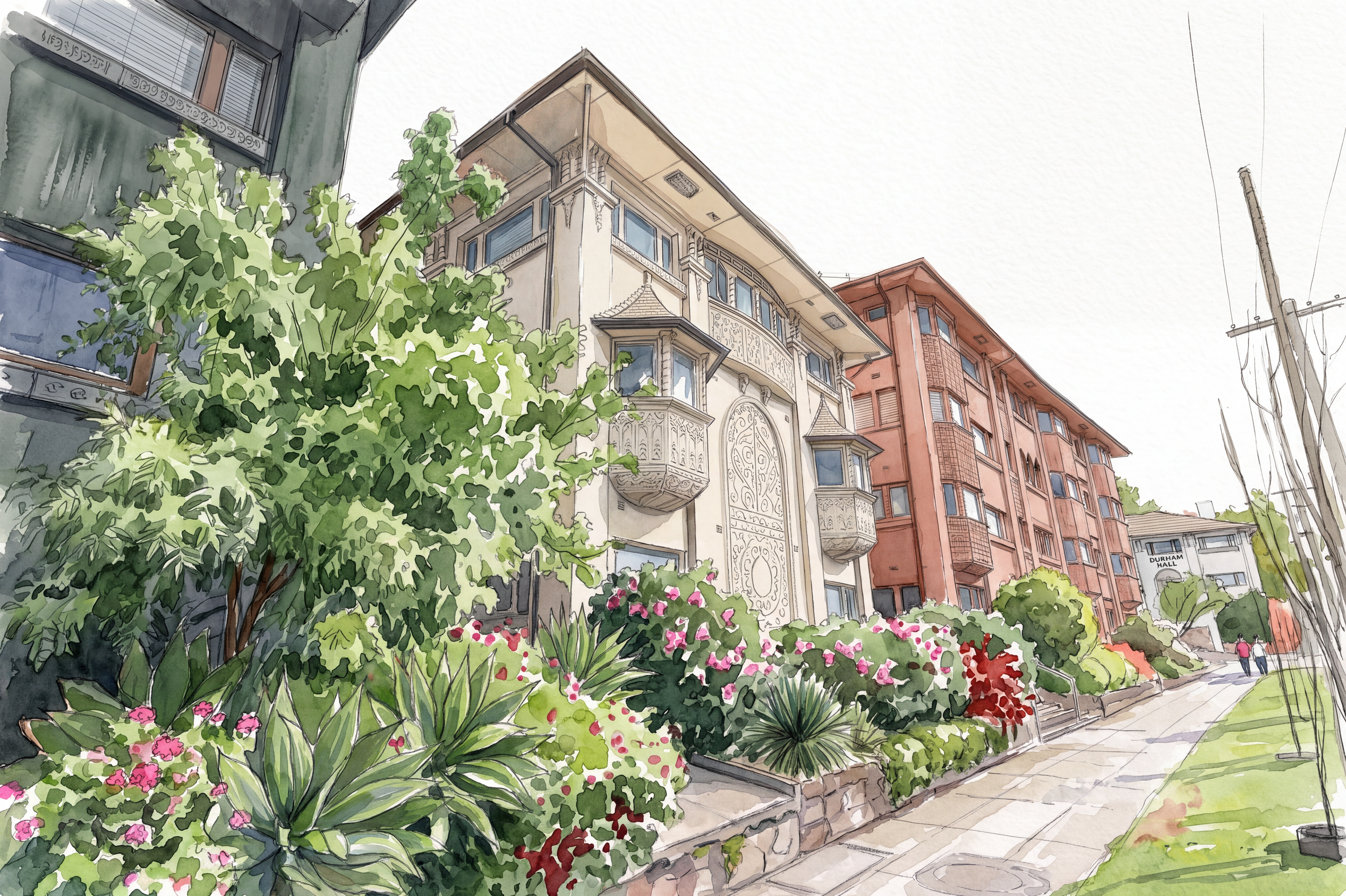 Watercolour illustration of ornate Alexandra Avenue, South Yarra flats by the architect Howard Lawson, lush flower gardens, and Durham Hall. Illustration by Virginia Blue, author of Architect of Optimism: the Extraordinary Life of Howard Lawson.