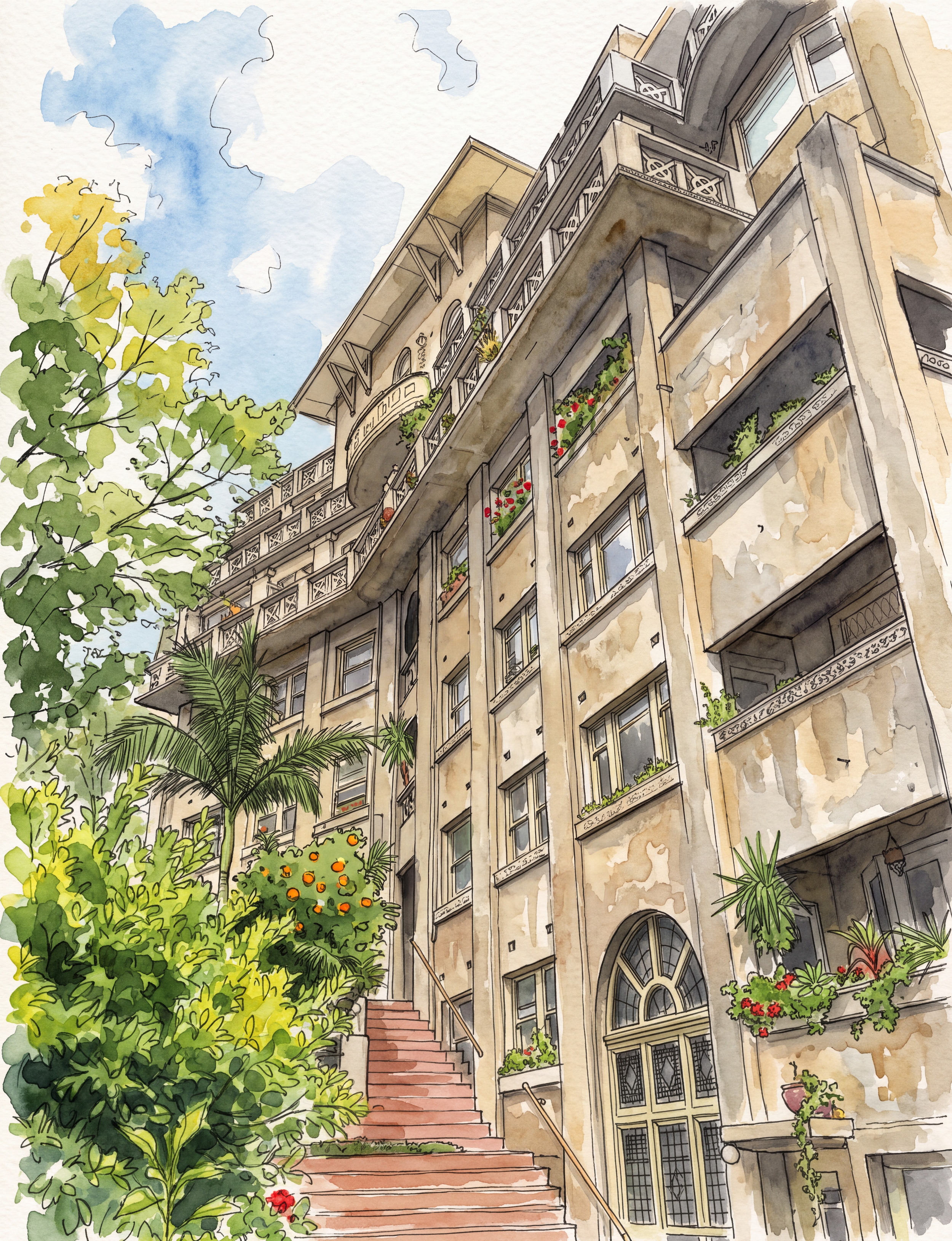 Watercolour illustration of Beverley Hills flats, South Yarra, with ornate balconies, flower boxes, tropical plants. Illustration by Virginia Blue, author of Architect of Optimism: the Extraordinary Life of Howard Lawson.