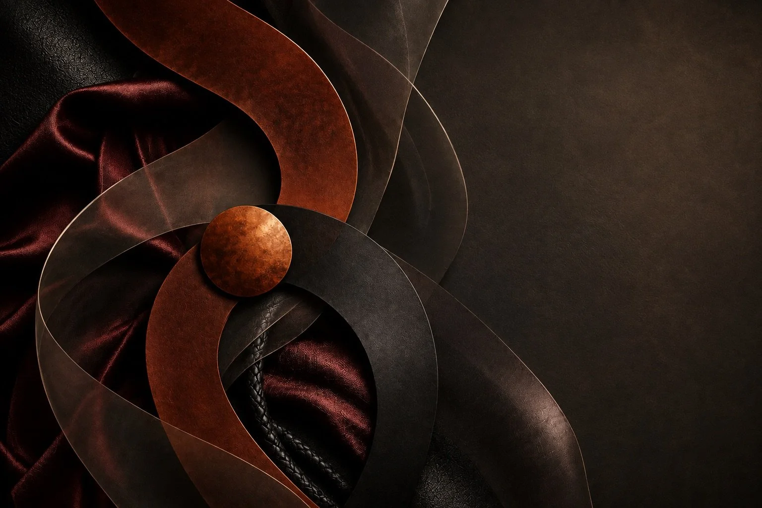 Abstract sculptural forms in black, burgundy, and orange, inspired by leather and connection.