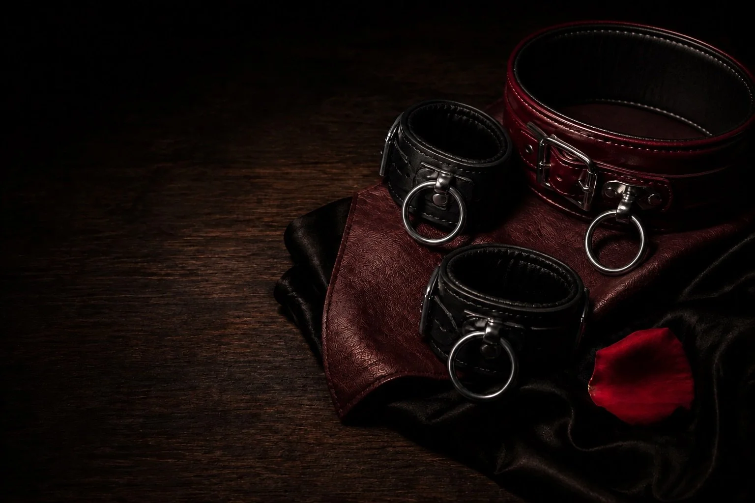Black leather collars with polished metal rings arranged on burgundy fabric.