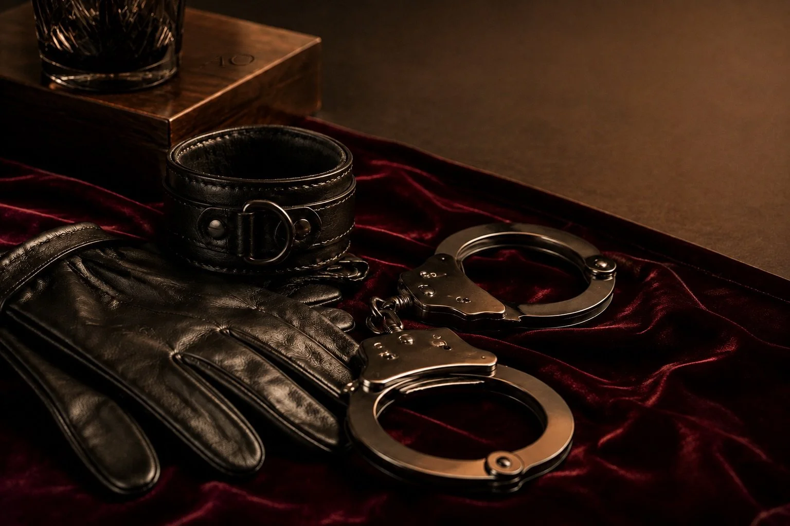 Black leather cuffs and gloves displayed against a rich burgundy surface.