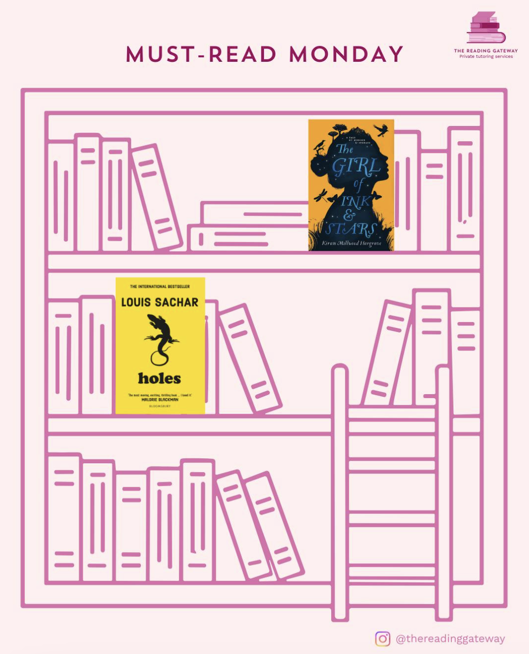 A pink outline of a bookshelf with three shelves, containing books, and a small staircase on the right side. Two book covers are displayed: one titled 'The Girl of Ink & Stars' and another titled 'Holes' by Louis Sachar. The top of the image has the text 'Must-Read Monday' and a logo of a stack of books in the top right corner reading 'The Reading Gateway.'