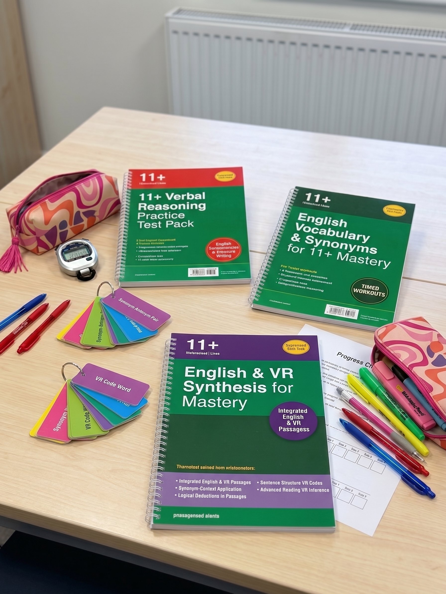Study materials for English language learning, including books on vocabulary, synonyms, and VR synthesis, as well as a pink pencil case, colored pens, and a stopwatch on a wooden desk.