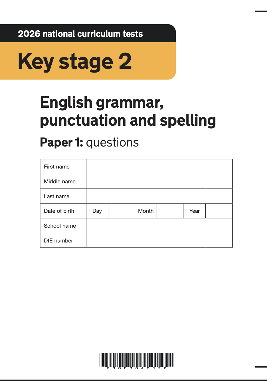Cover page of a standardized test booklet titled '2026 national curriculum tests, Key stage 2, English grammar, punctuation and spelling, Paper 1: questions'.
