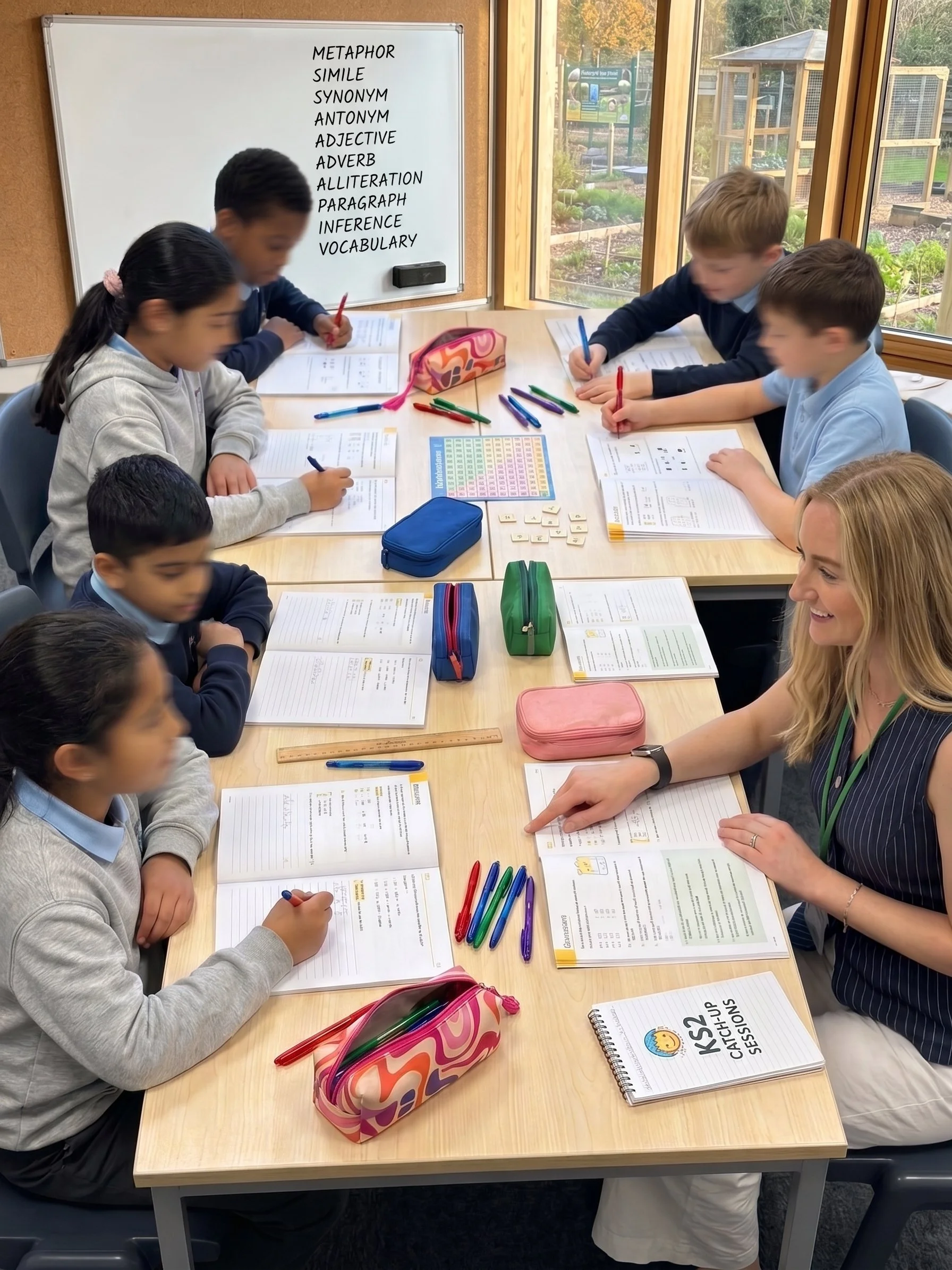 A group of school children and a teacher sit around a wooden table in a classroom, studying with notebooks, pens, colored markers, and pencil cases. There is a whiteboard with a list of literary terms and a window showing a garden outside.