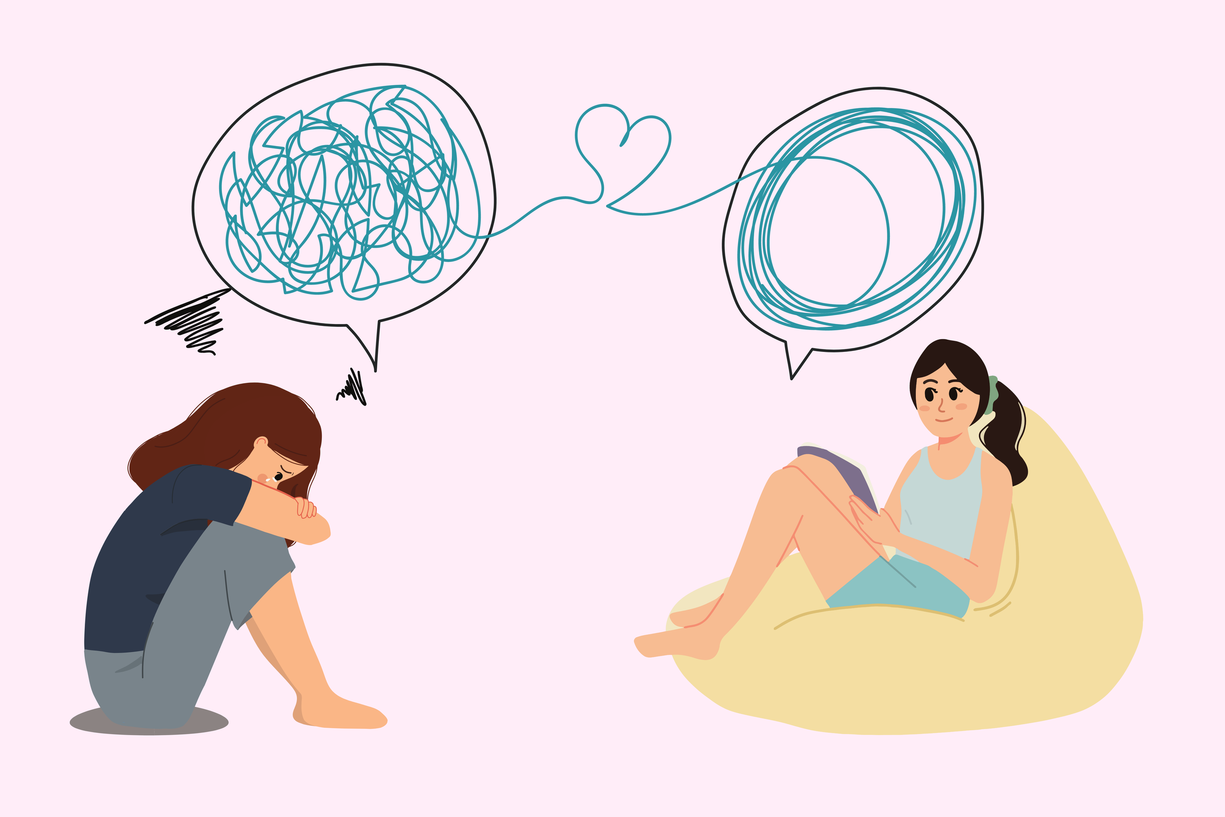 A cartoon image of a tearful woman talking to a calm woman in EMDR therapy in Massachusetts
