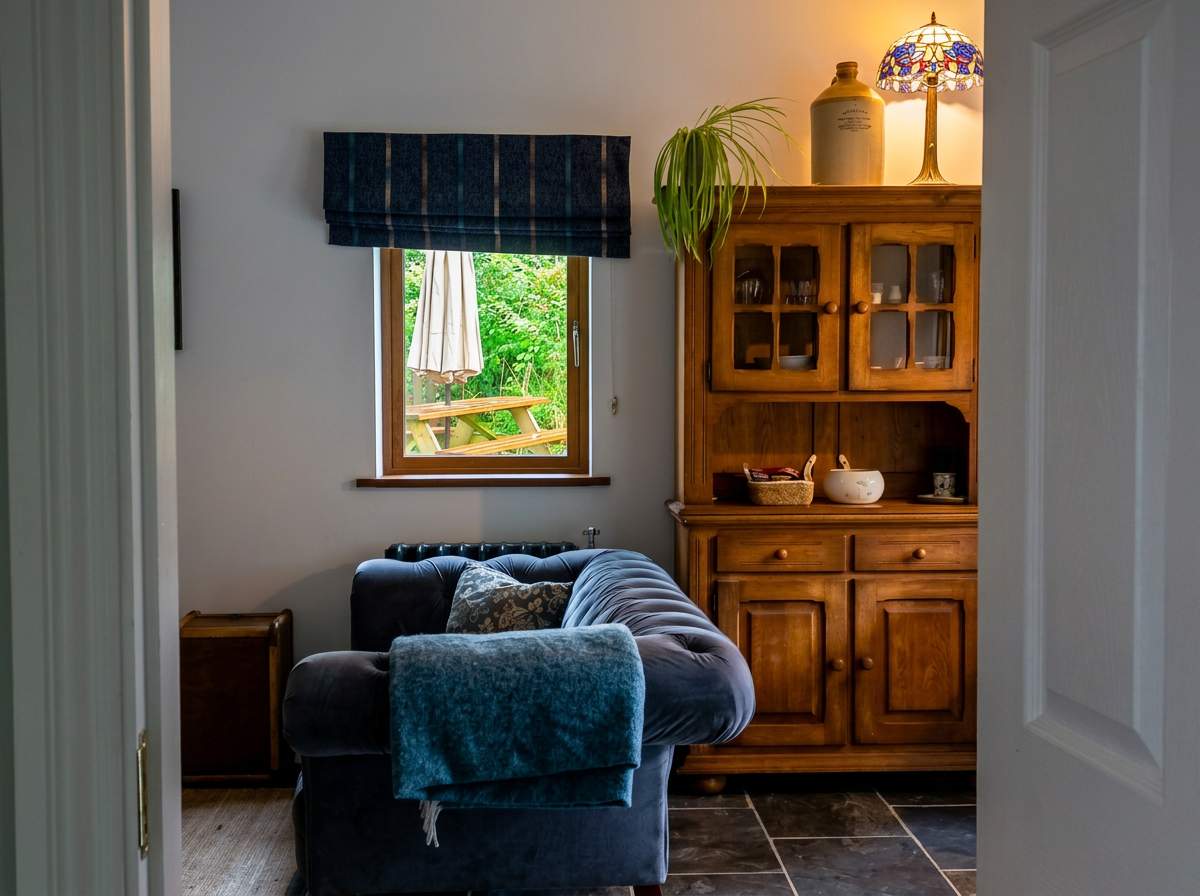 A cozy living room corner with a dark blue sofa, a window with a blue valance, a wooden cabinet with glass doors, a small table, and a decorative lamp on top of the cabinet