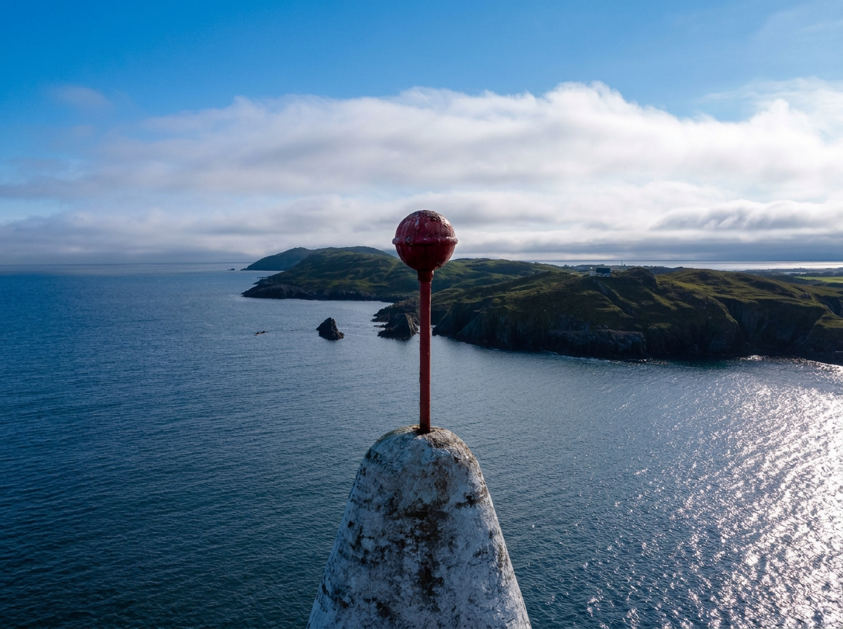 A red navigation beacon on a lighthouse with a rocky coastline and green hills in the background under a partly cloudy sky.