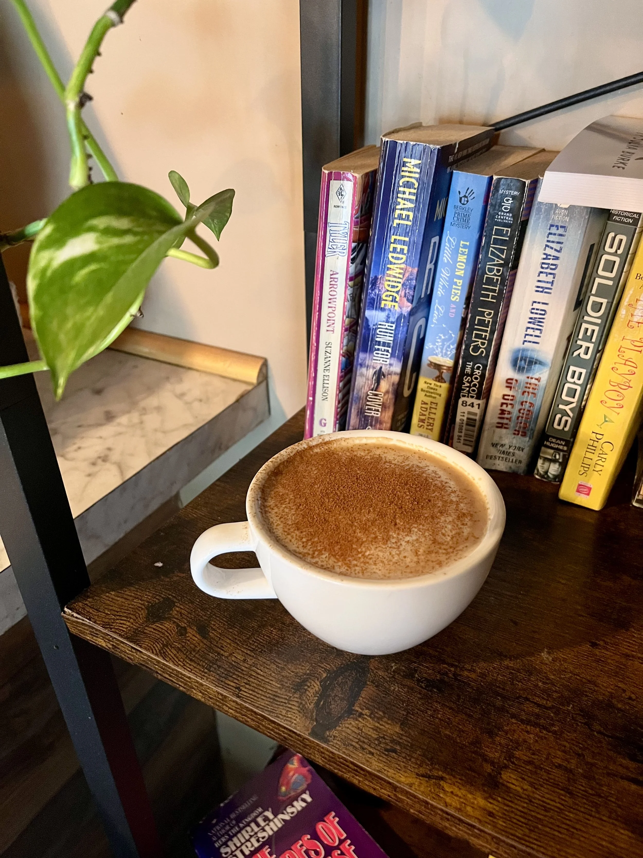 A white mug filled with a creamy beverage sprinkled with cinnamon sits on a wooden table. To the back, there is a row of books with colorful spines and a small green plant with variegated leaves on the left side.