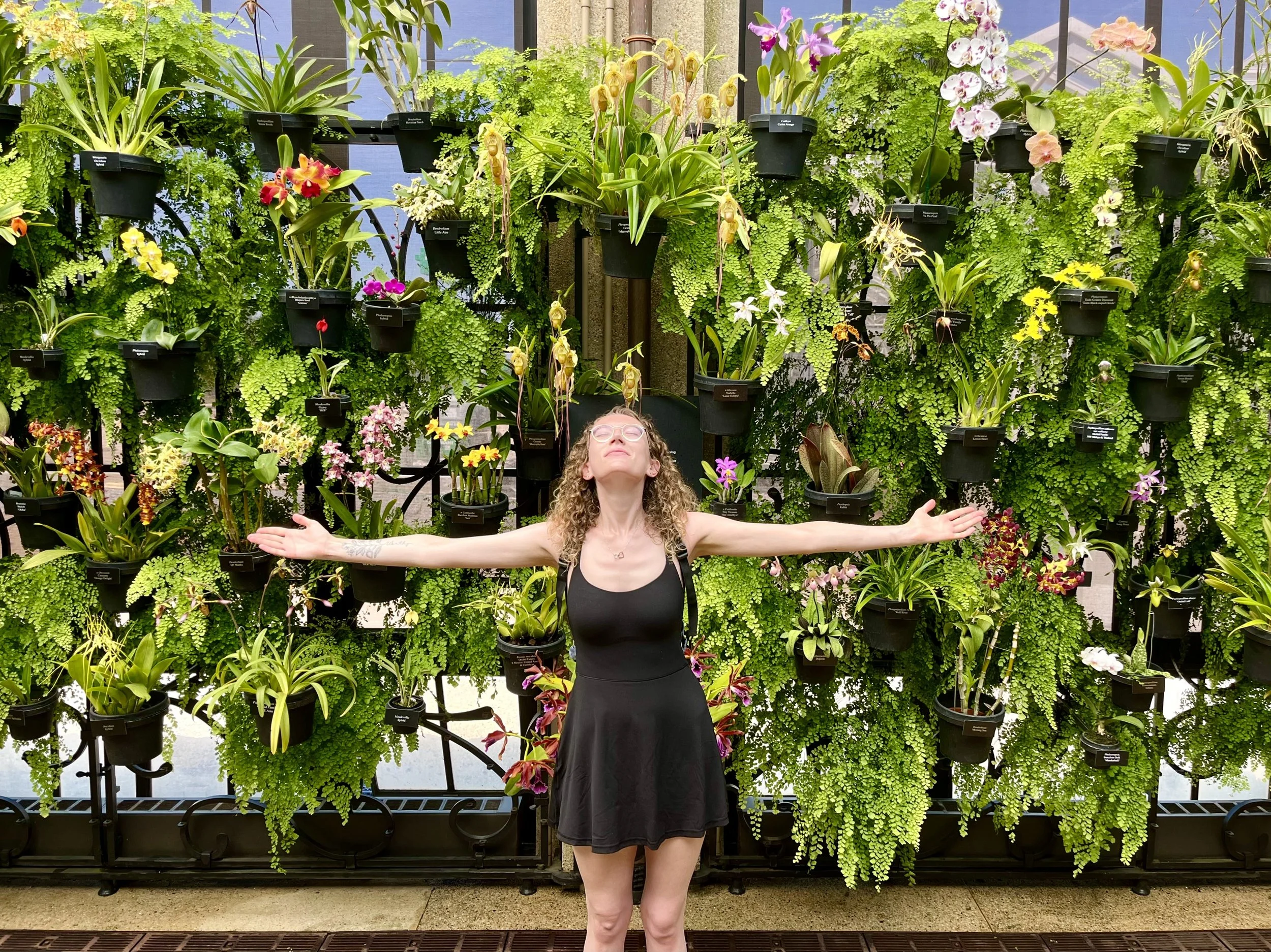 A woman with curly hair, glasses, and a black dress stands with arms outstretched in front of a lush green vertical garden filled with various potted orchids and ferns in a greenhouse or botanical setting.