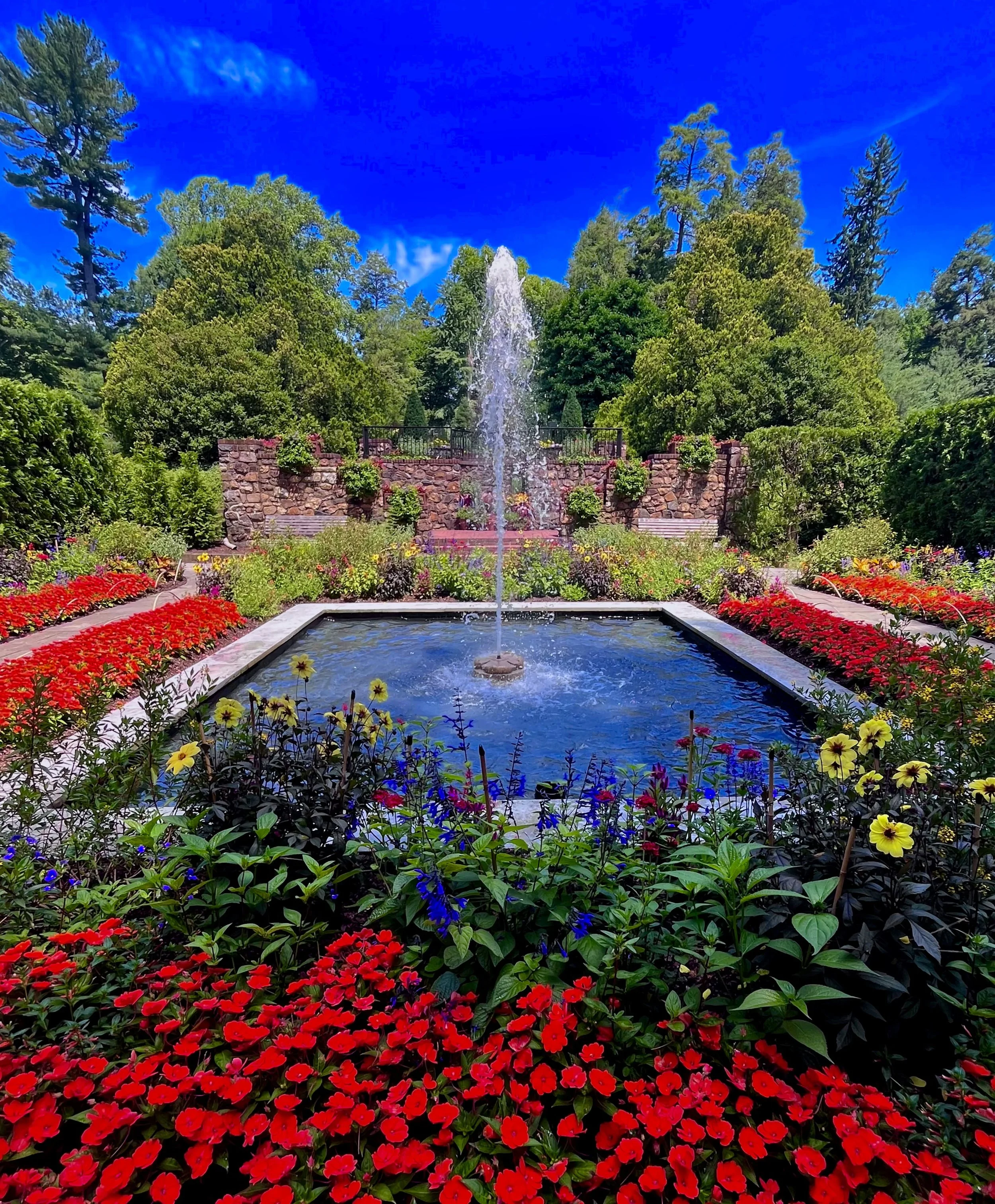 A garden with a fountain in the center, surrounded by colorful flowers and green trees under a bright blue sky.