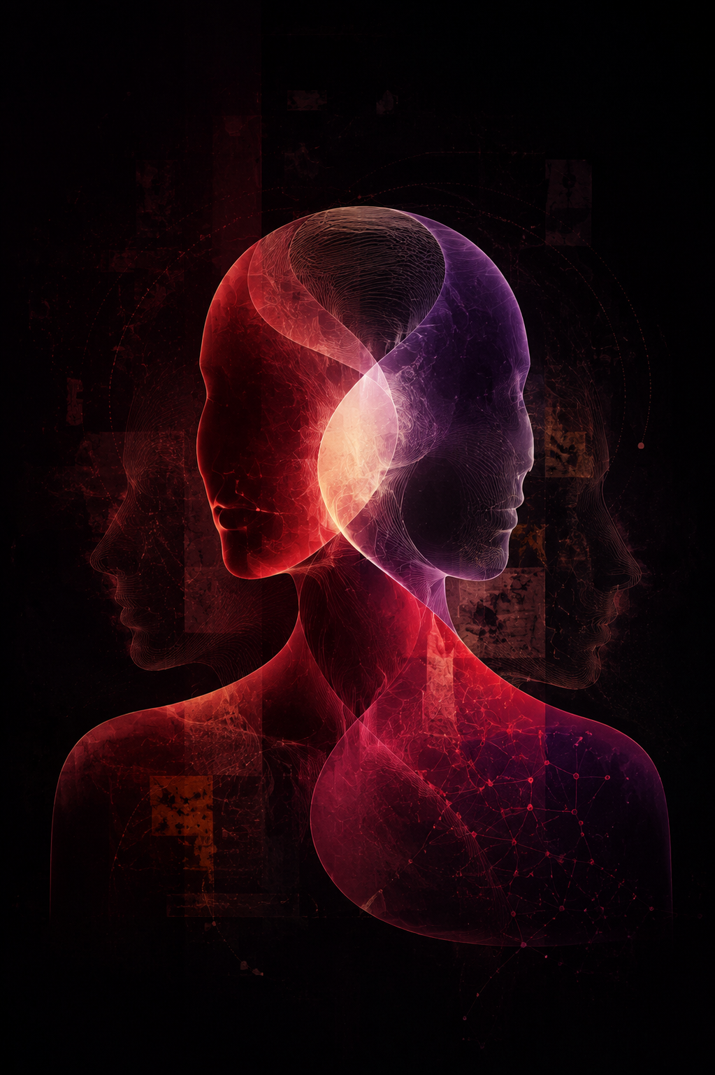 Digital artwork of multiple overlapping human profiles with glowing lines and neural network patterns in shades of red, purple, and pink against a dark background.