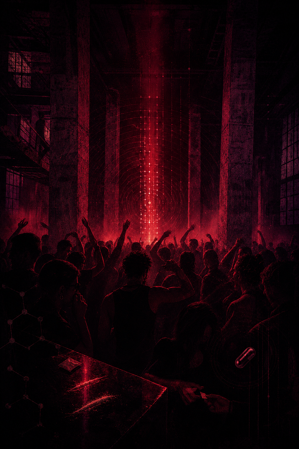 A crowd of people dancing and raising their hands in a dark industrial space illuminated by red laser lights and digital effects.
