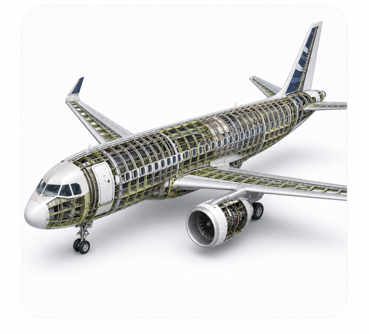 Cutaway view of a commercial airplane showing internal structure and components.