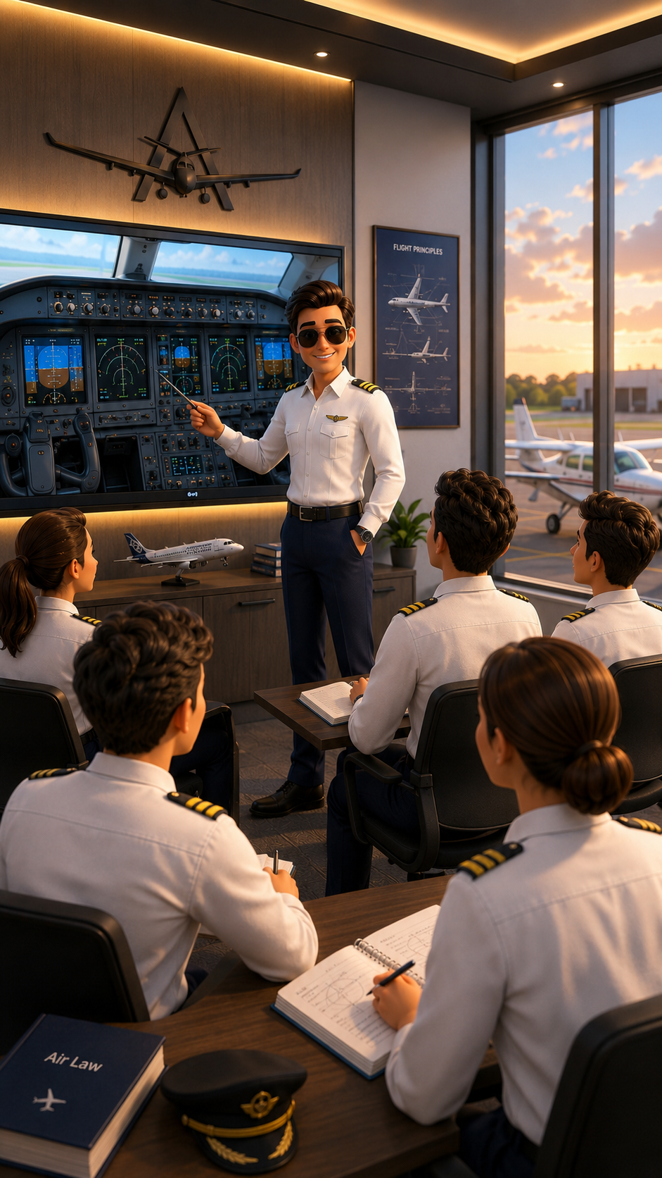 A flight instructor in pilot uniform giving a lesson to a group of students in a classroom with large windows showing airport tarmac and small planes outside. The instructor is standing next to a large screen showing airplane cockpit instruments and pointing at it.