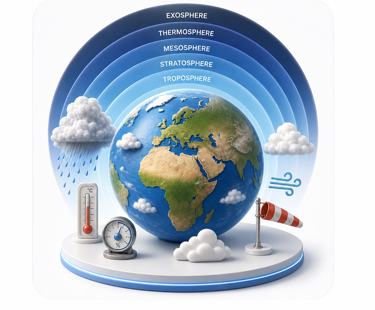 Diagram of Earth's atmospheric layers, including troposphere, stratosphere, mesosphere, thermosphere, and exosphere, with weather icons and climate symbols surrounding a globe.