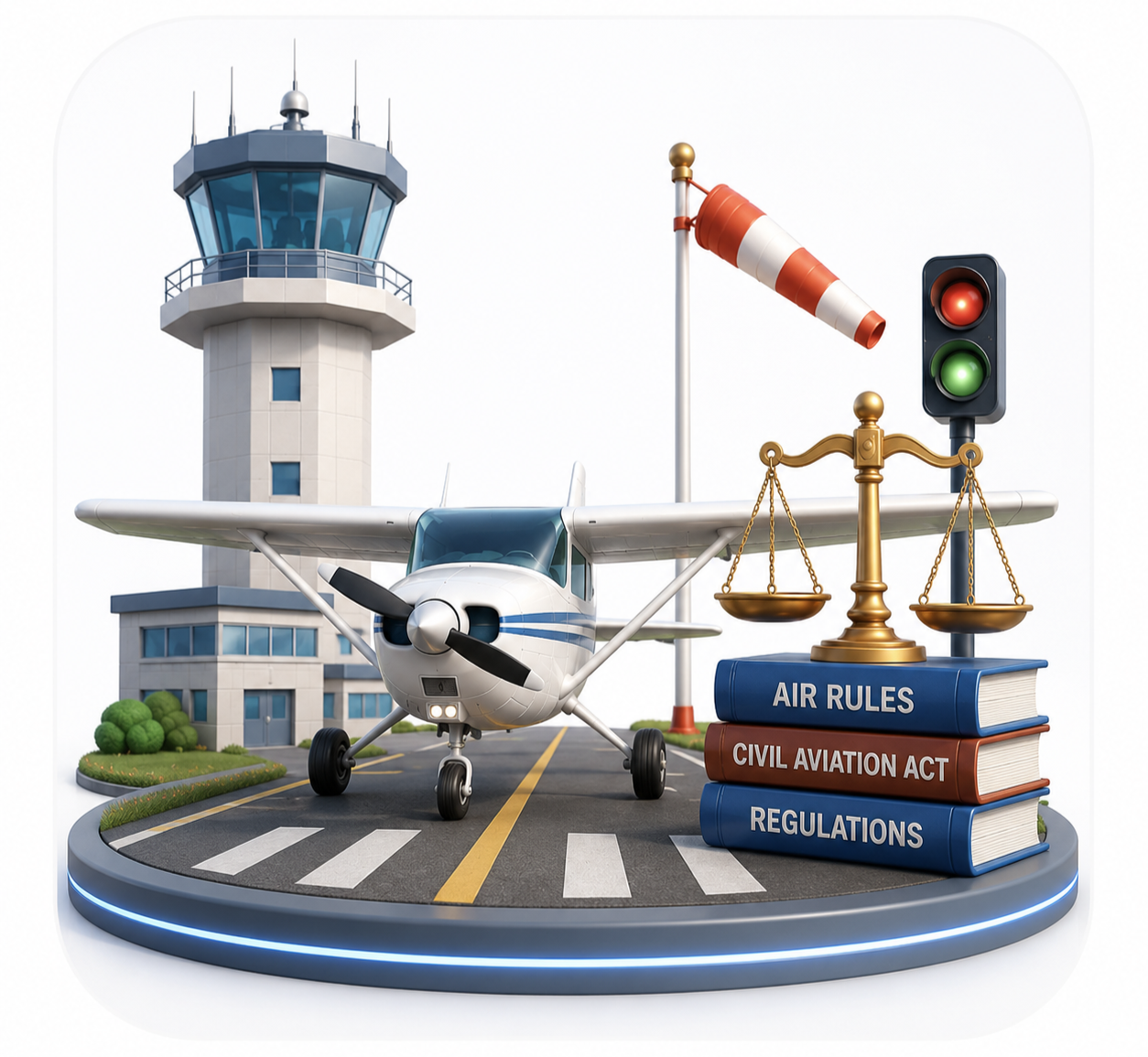A small airplane on a runway with an air traffic control tower in the background, a windsock, and a traffic light. Scales and books labeled 'Air Rules', 'Civil Aviation Act', and 'Regulations' are in the foreground.