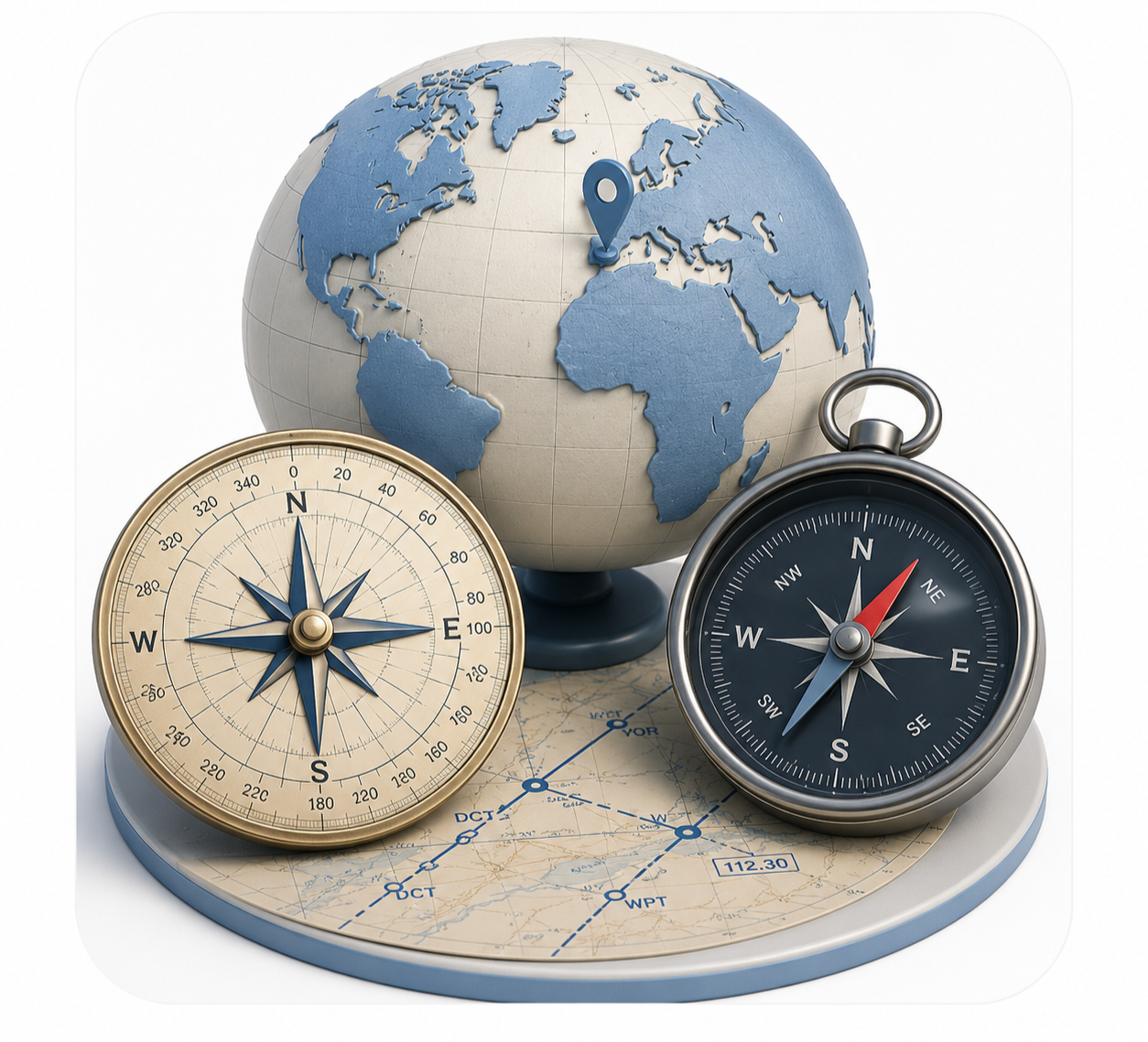 A globe with a location pin indicating Europe, two navigational compasses, and a map with geographic markings.