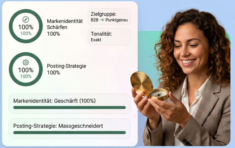 A woman with curly hair smiling and holding a brass compass in her right hand, in front of a graphic display with branding and marketing strategy metrics.