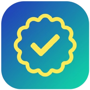Blue and green app icon with a yellow checkmark inside a scalloped circle.