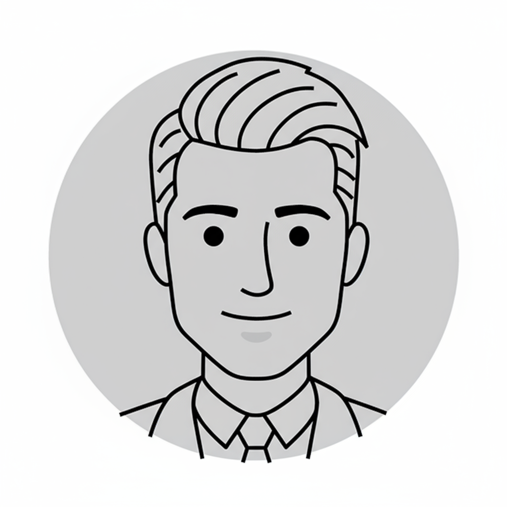 A black and white line drawing of a man with styled hair, wearing a collared shirt and tie, against a gray circular background.