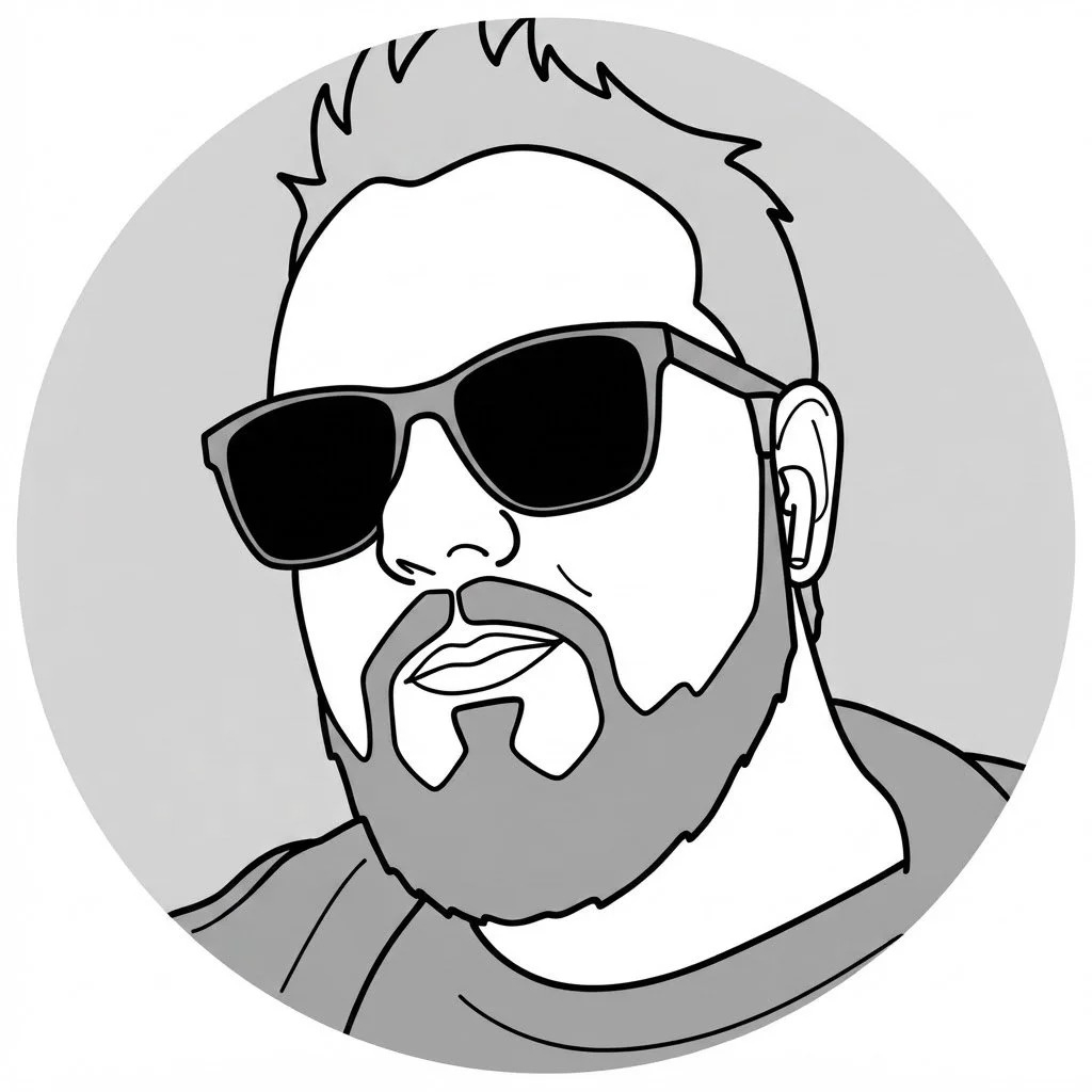 A cartoon-style portrait of a man with a beard, wearing sunglasses, with styled hair and a goatee, in grayscale.