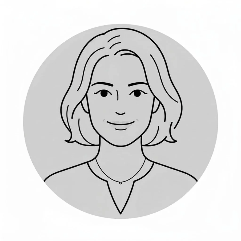 Black and white line drawing of a woman with shoulder-length hair, smiling, set against a circular background.