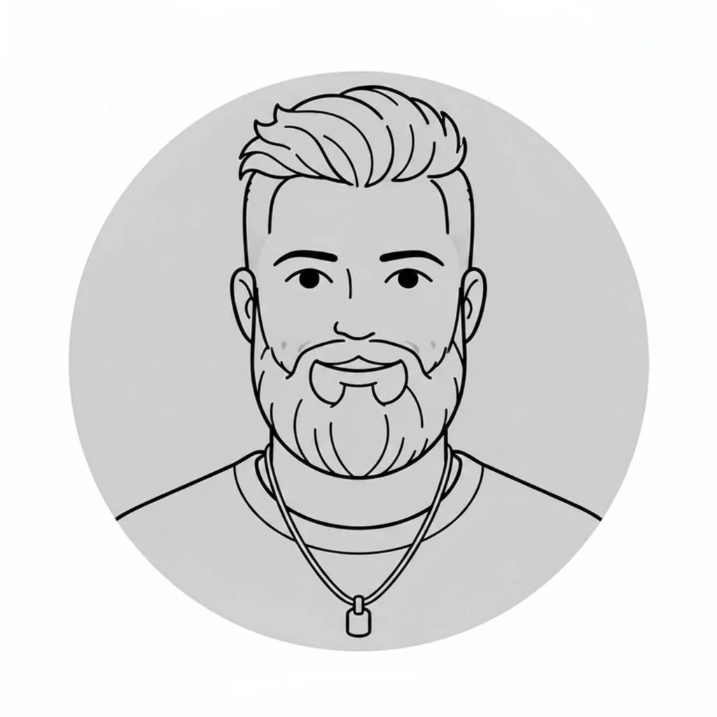 Line drawing of a man with short hair, a full beard, wearing a necklace with a pendant, inside a circular background.