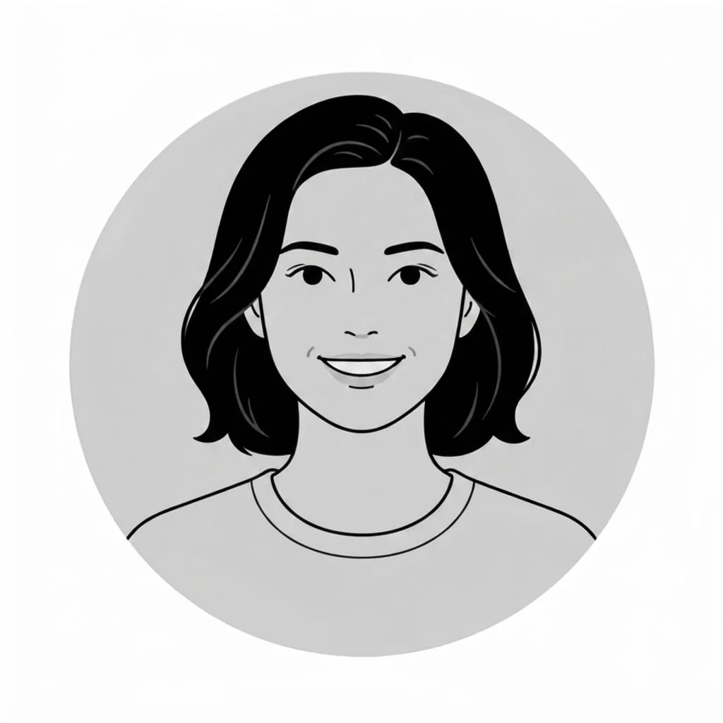 Black and white illustration of a smiling woman with shoulder-length hair wearing a round-neck shirt.