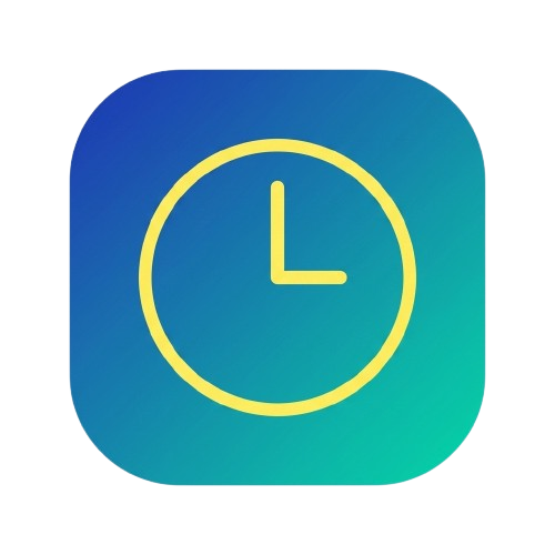 Icon of a clock with a yellow outline and hands on a blue gradient background.