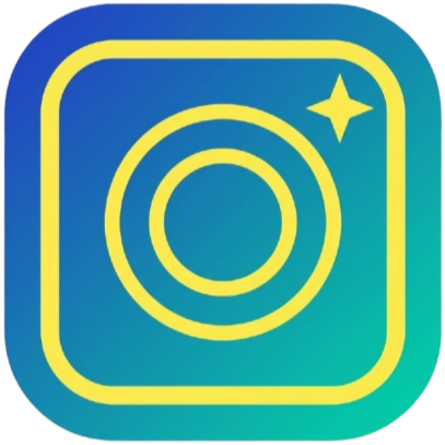 Instagram logo with a blue and teal gradient background and a yellow outline of a camera with a star in the top right corner.