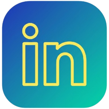 LinkedIn logo with yellow "in" on a gradient blue-green background.