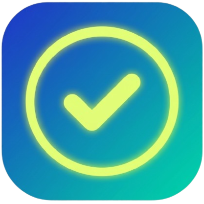Neon green checkmark inside a circle on a blue background.