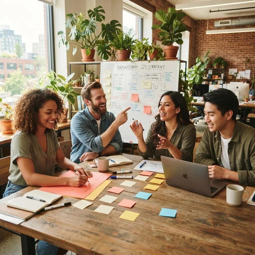 Four diverse people in a meeting room, laughing and discussing. There are notebooks, sticky notes, pens, and a laptop on the table, with a whiteboard in the background labeled 'Brainstorm Q3 Strategy' and surrounded by plants, with a cityscape view through large windows.