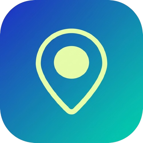 A digital icon of a map pin with a circle inside, on a gradient blue background.