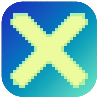 Pixelated yellow 'X' on a blue gradient background.