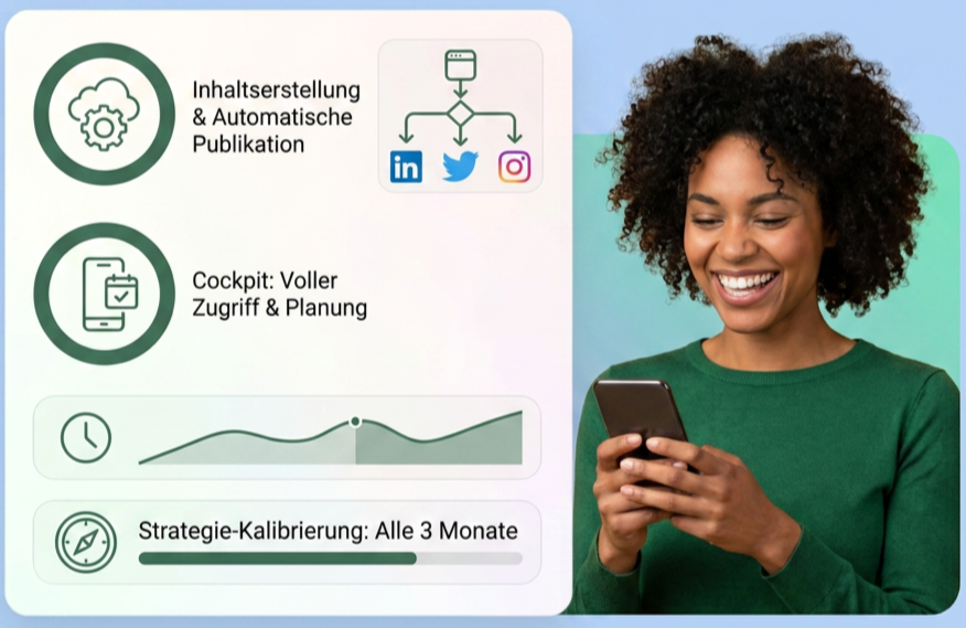 A smiling woman in a green shirt using a smartphone, standing next to a presentation slide with icons and text about content creation, automation, platform access, strategy calibration, and social media integration.