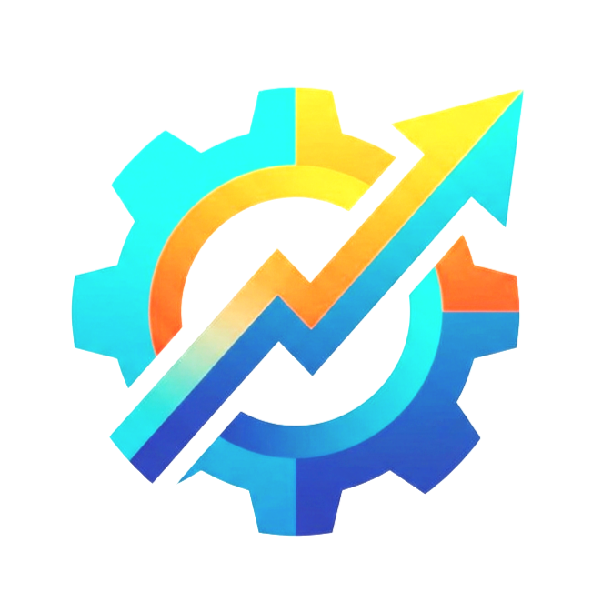 A colorful gear with a rising upward arrow and an increase graph overlay, symbolizing growth and progress.