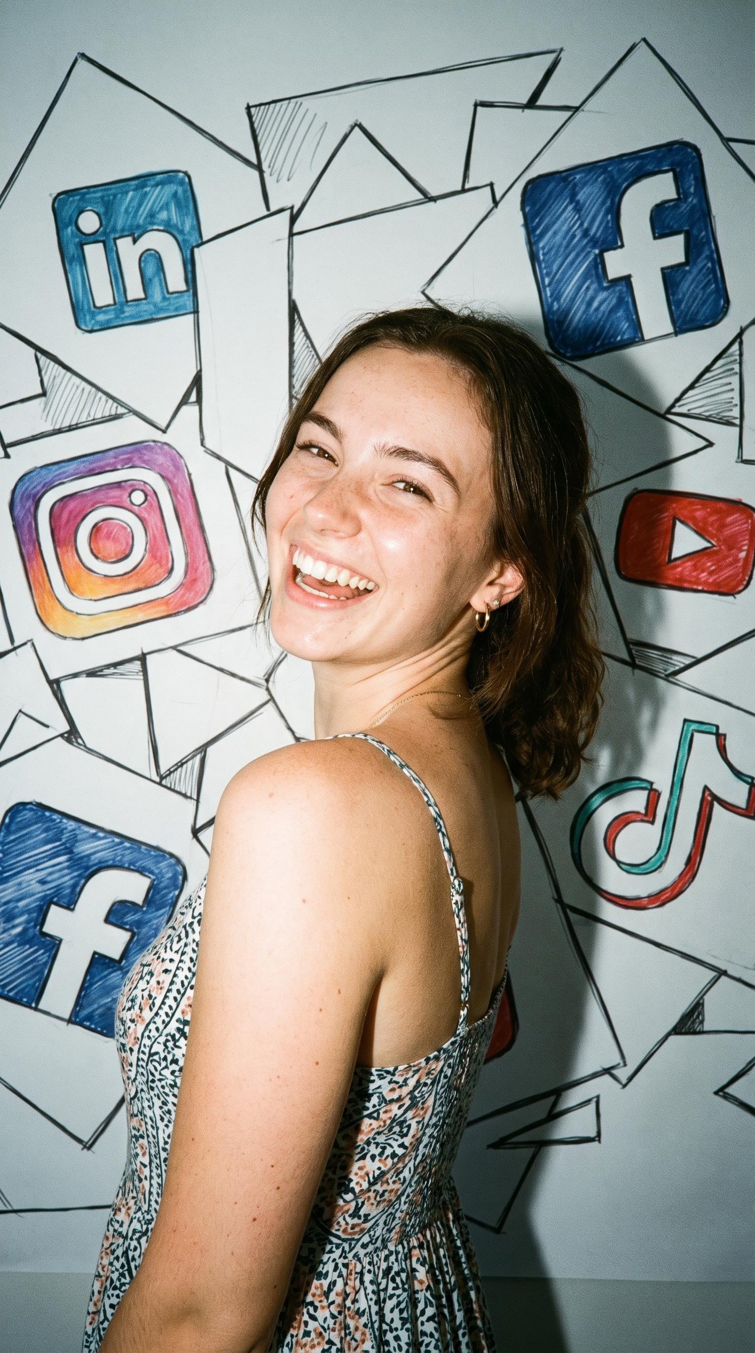 A woman with brown hair smiling and looking at the camera, standing in front of a wall with hand-drawn logos of various social media platforms, including LinkedIn, Facebook, Instagram, YouTube, and TikTok.