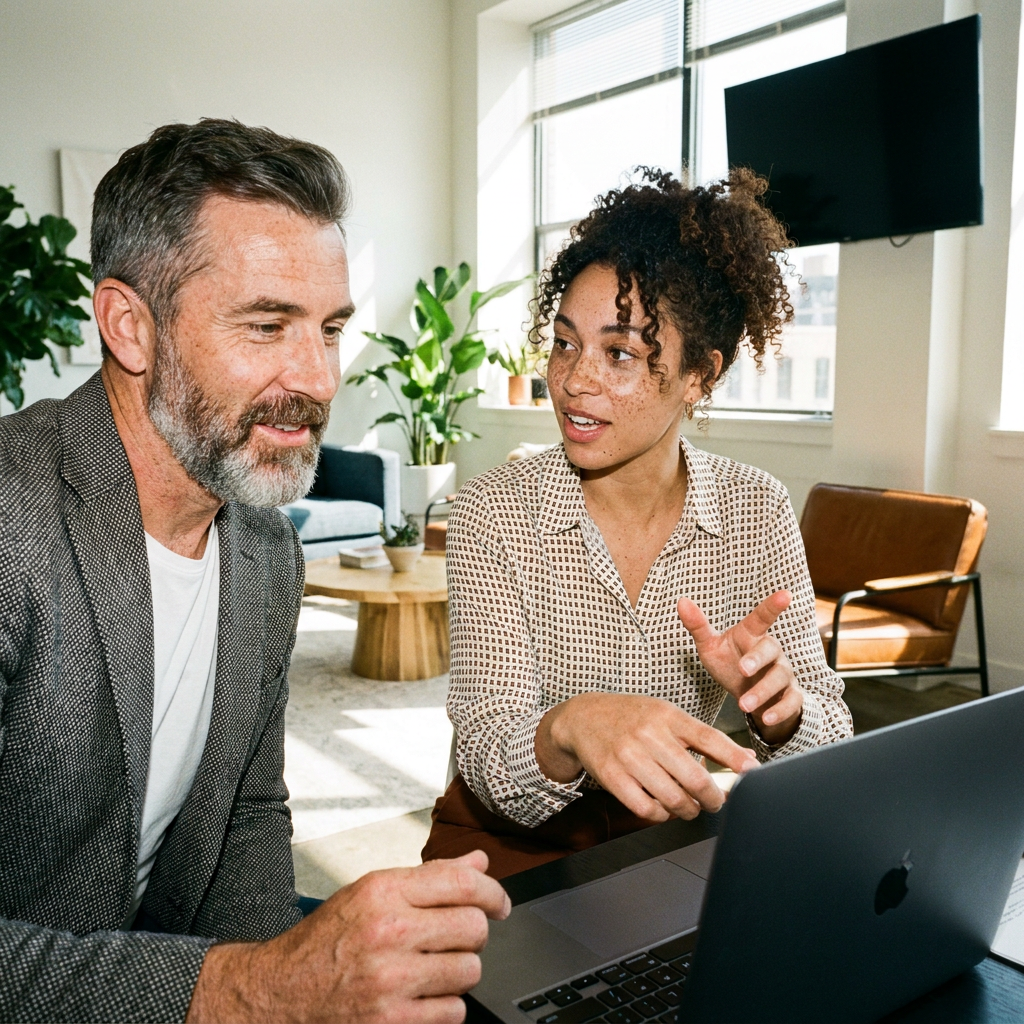 A man and a woman engaged in a discussion while looking at a laptop in a modern office space with plants and large windows.