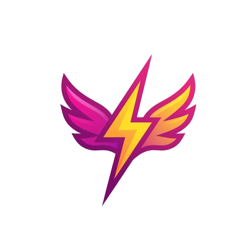 A stylized logo featuring a yellow lightning bolt with purple and orange wings on a white background.