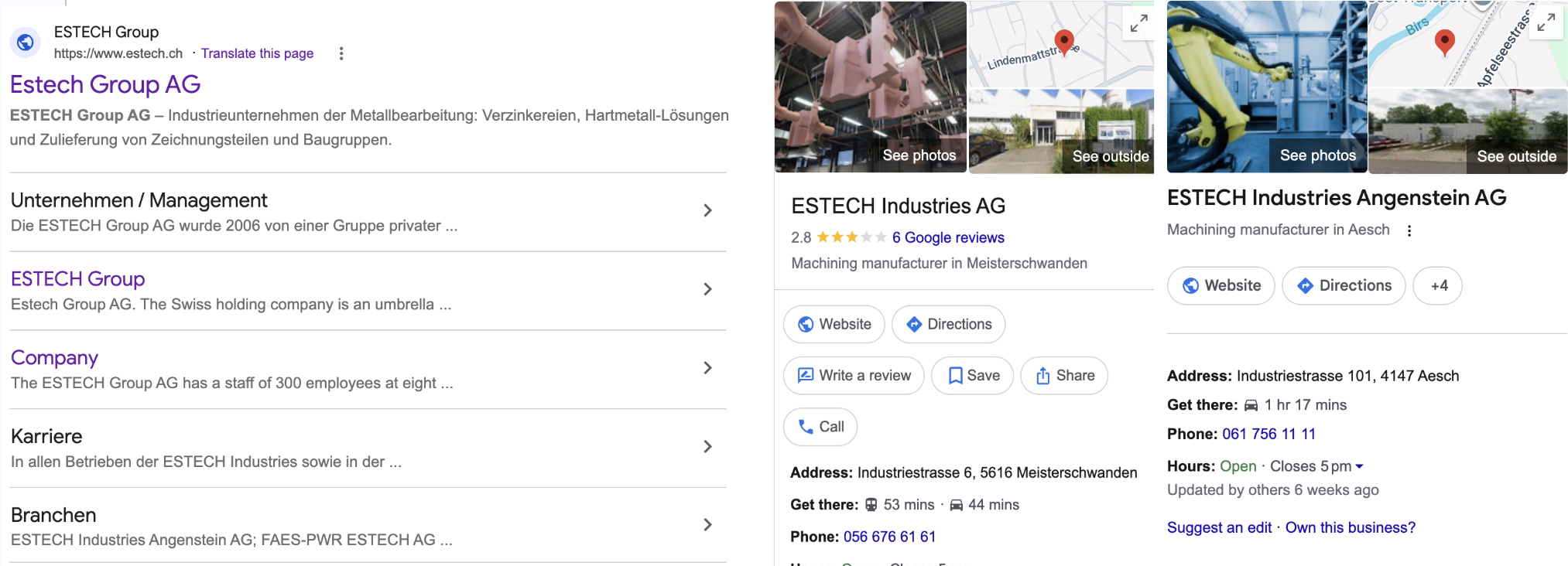 Screenshot of Google search results for 'ESTECH Industries AG,' including business information, reviews, and photos of factory and industrial equipment.