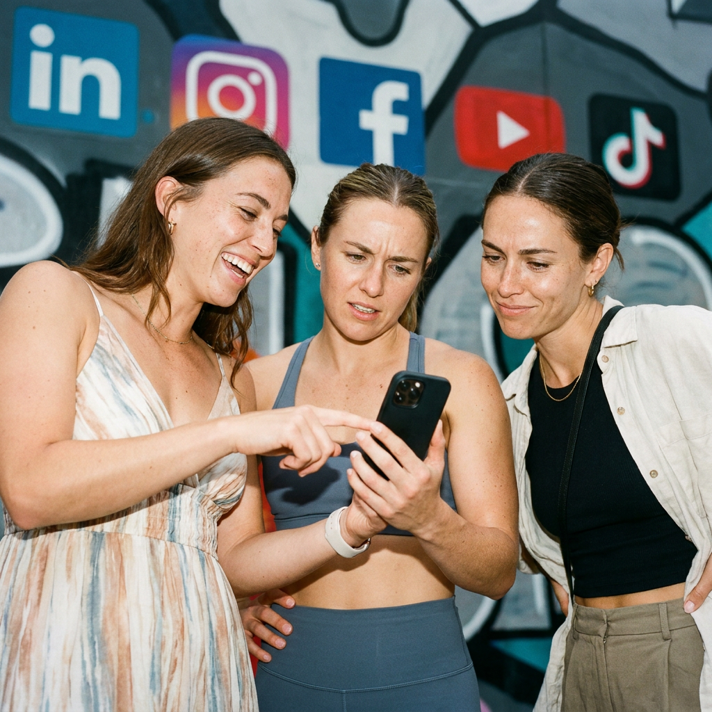 Three women looking at a smartphone in front of a background with social media icons.
