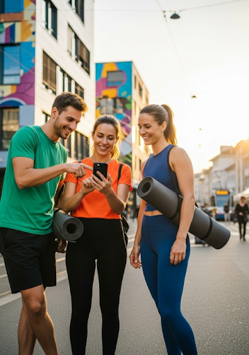 Three young adults standing on a city street, looking at a smartphone and smiling. Two have yoga mats over their shoulders. The background features colorful murals on buildings.